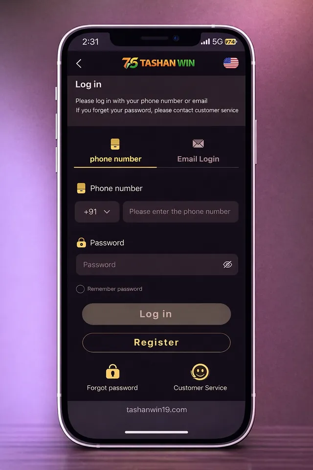 Tashan Win login screen on mobile