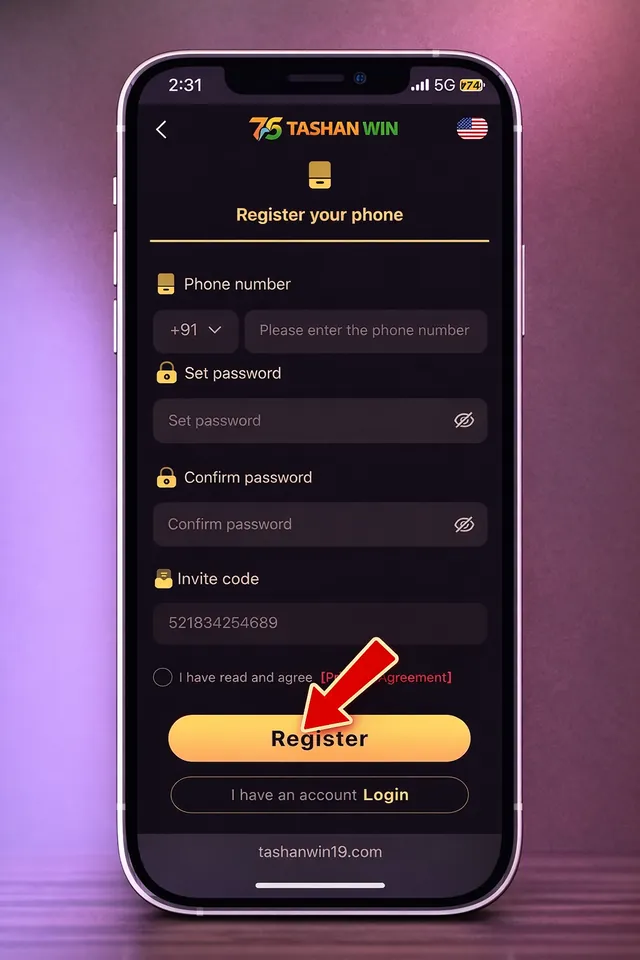 Tashan Win register screen on mobile